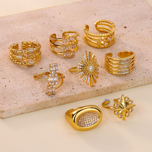 Anillo de cobre chapado en oro de 18 quilates, lujoso, con circonitas incrustadas, de varias capas, abierto, estilo vintage, exquisito, para mujer. - Product Image 1