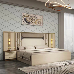 Ensemble complet de meubles de chambre à coucher en bois MDF, lit capitonné en tissu de style turc, luxe, taille king - Product Image 1