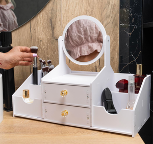 Modern Design Cosmetic Storage Box PVC <b>Plastic</b> Jewelry Drawer Storage with <b>Mirror</b> for Household Skin Care Rack - Product Image 3
