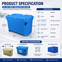 Glacière isotherme rotomoulée robuste de 220 L pour fruits de mer et conserves, avec blocs de glace, logo personnalisé, OEM, vente en gros, faible MOQ, personnalisation