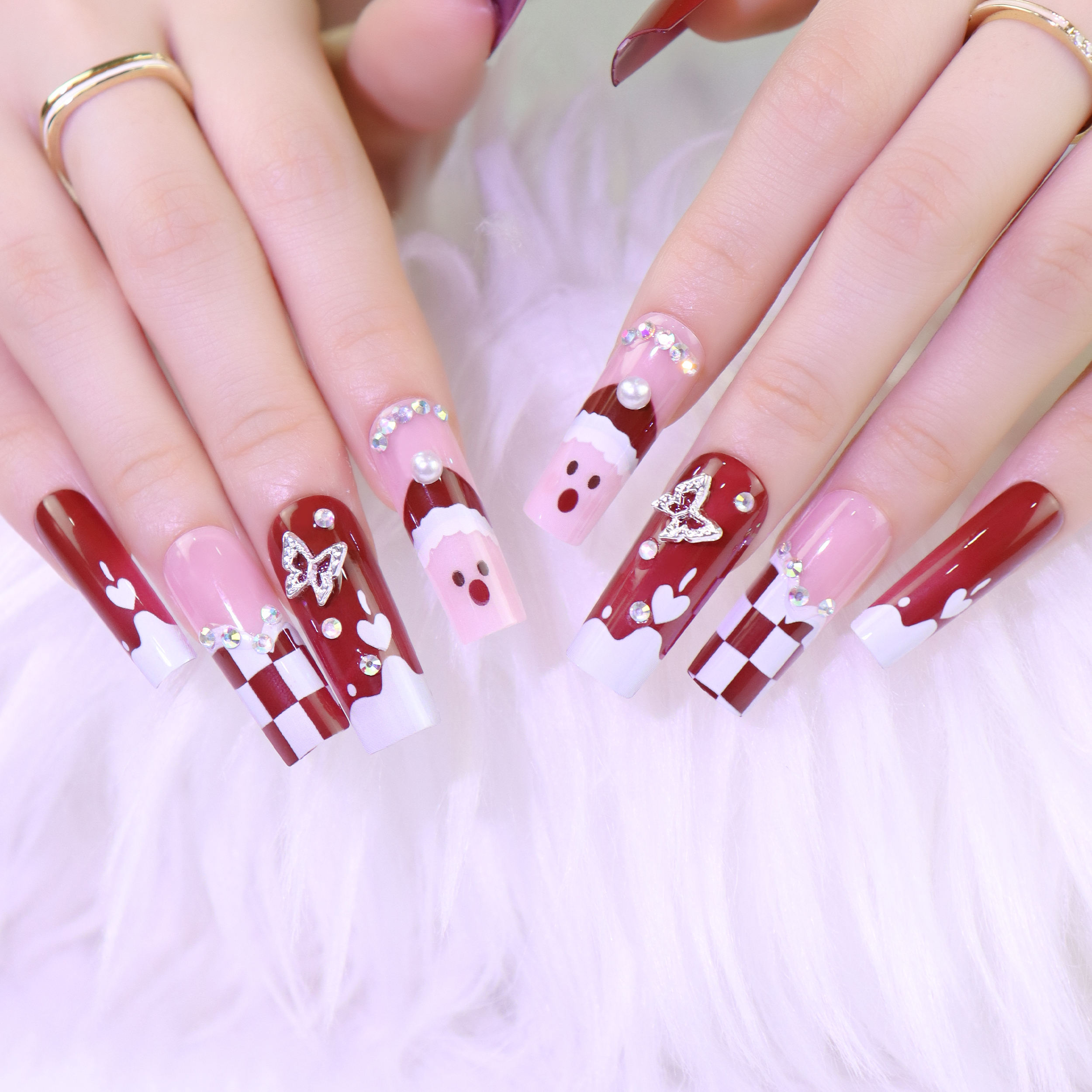 AIERFEI Wholesale High Quality Pink French Long Square Press on Nails Luxury Rhinestones False Nails Flower Artificial Nails