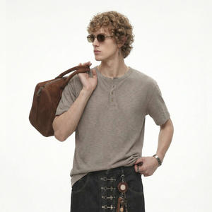 T-shirt en coton à col <span class=keywords><strong>Henry</strong></span>, manches courtes, style <span class=keywords><strong>Old</strong></span> Money, nouvelle collection Printemps/Été 2026, décontracté, coupe ample, couleur unie - Product Image 1