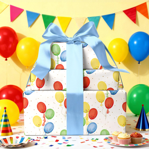 Papel de regalo con temática de globos para fiestas infantiles, estampado de globos en rojo, azul, amarillo y verde vibrantes, rollo de papel para envolver regalos de cumpleaños para niños y niñas - Product Image 4