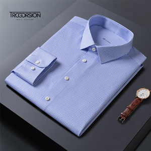 <span class=keywords><strong>Chemise</strong></span> habillée bleue en coton avec bouton sans repassage et logo brodé personnalisé pour hommes d'affaires chemises d<span class=keywords><strong>éco</strong></span>ntractées de bureau d'été en tricot à manches longues - Product Image 3