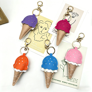 Porte-clés <span class=keywords><strong>de</strong></span> luxe anti-perte en cuir PU tressé avec pendentif pompon, motif mini crème glacée, bonbon ou sucette - Product Image 1