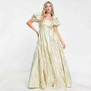 Mode Gaun Warna Sampanye Gaun Lengan Pendek Poliester Kerah Persegi Gaun Maxi Ruched Bodice Eksklusif Wanita - Product Image 2