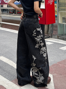 <span class=keywords><strong>Jeans</strong></span> in denim nero vintage personalizzati, lavaggio effetto invecchiato, vestibilità ampia, <span class=keywords><strong>vita</strong></span> <span class=keywords><strong>bassa</strong></span>, gamba dritta, traspiranti, con bottoni, stile street dance casual - Product Image 5