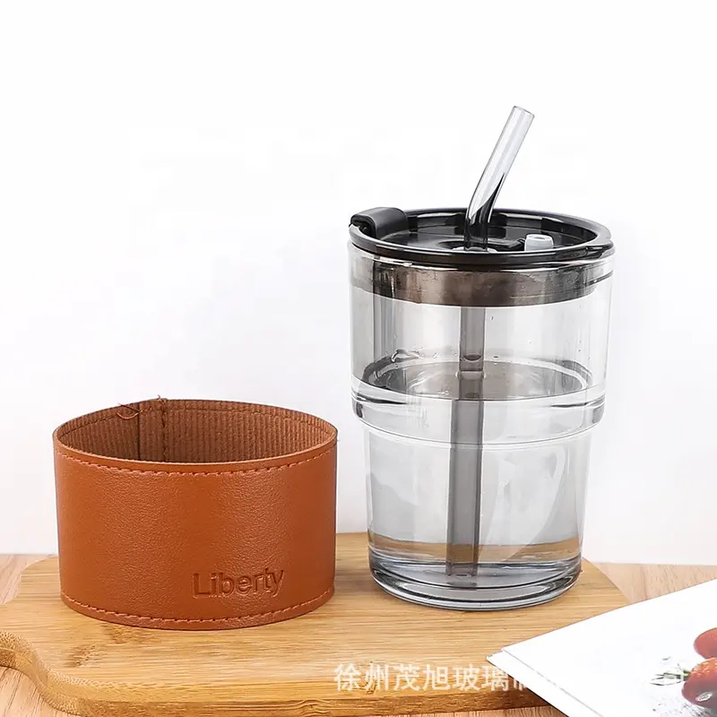 Seaygift couvercle de tasse en cuir personnalisé logo clair gobelet à boire verre borosilicate tasse tasse avec paille et couvercle en verre