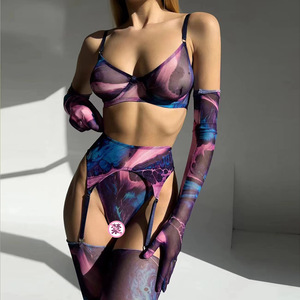 Conjunto de Lencería Sexy de 4 Piezas con Encaje y Tie Dye de King Mcgreen Star, Ropa Interior Erótica con Guantes Transparentes de Malla y Control Ligero - Product Image 3