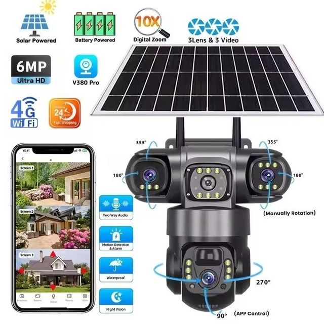 6MP 3 Video Dual Lens Pan-Tilt CMOS Sensor Wireless 4G Solar Outdoor Security Camera with 4K IP65 Waterproof