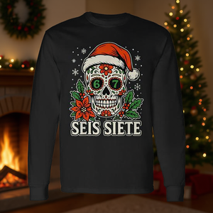 Camiseta de manga larga navideña Seis Siete Mexican Sugar Skull 67 - Product Image 3