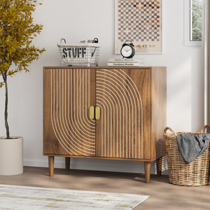 Walnut Wood Buffet Cabinet Line Groove Design <b>Storage</b> Sideboard Accent Cabinet for Living Room - Product Image 1