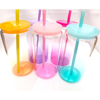 Gobelet en verre transparent réutilisable de 16 oz, couleurs mélangées dégradées, avec couvercle et pailles colorées, pour sublimation et films UV DTF, design moderne, pour la rentrée scolaire