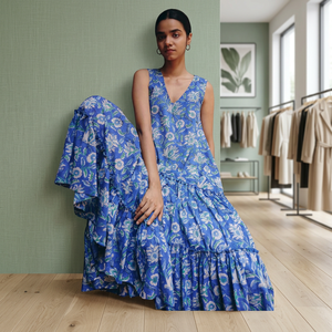 Robe longue bleue à imprimé floral, col en V, sans manches, coupe trapèze, style bohème, ample, décontractée, en coton tissé pour l'été - Product Image 3