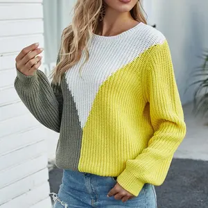 Hot Loose Contrast Color Long Sleeves Knitwear 2022 Autumn And Winter New European American British Crew Neck Pullover Sweater