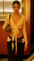 Crop top cardigan sexy moulant à manches longues et col en V, couleur unie, bordure en dentelle à volants, côtelé, en spandex, anti-boulochage, respirant, style Y2K