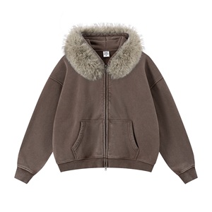 Customizable Retro Washed Oversized Box Collar <strong>Fleece</strong> <strong>Lined</strong> Thickened Cardigan Hoodie Zipper <strong>Jacket</strong> for Men - Product Image 3