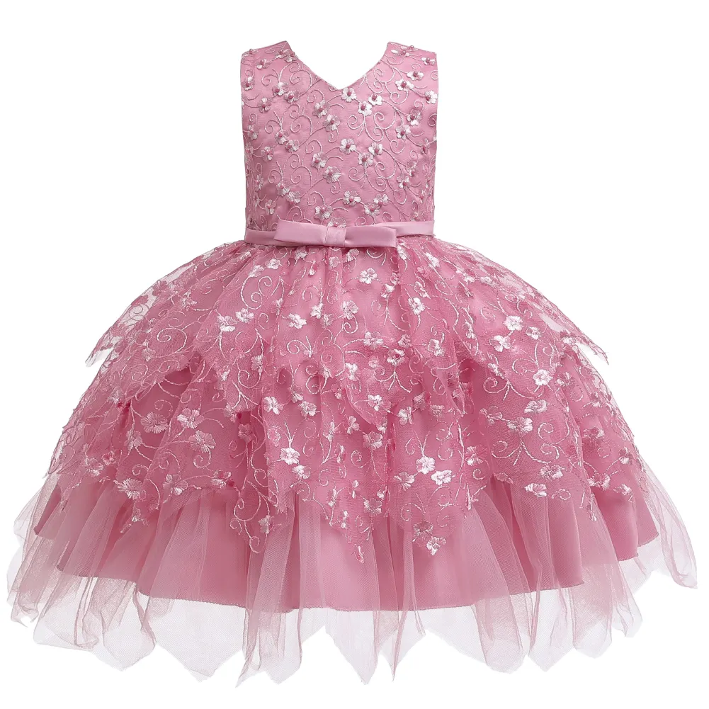 Pink pearl baby princess party dress high-grade girls wedding gown baby tutu dress for 1 years old kids evening dress