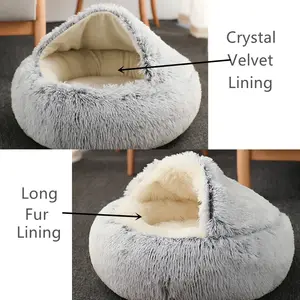 Wholesale Hot Sale Custom Faux Fur Comfortable Washable Luxury Fluffy Plush Cave Hooded Cat Dog Beds Round Pet Bed For Dogs