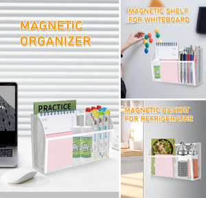 Magnetic Desk <b>Organizer</b> 3 Compartment Metal Mesh Pen Holder for Locker Whiteboard Refrigerator Office White - Product Image 3