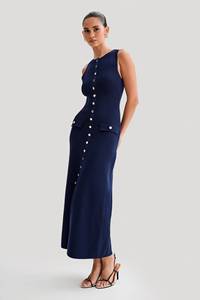 Bouton revers coupe ajustée tricoté femmes sans manches bouton O cou pull robe bouton côtes mince Ribeed élégant Maxi robe 2905 - Product Image 3