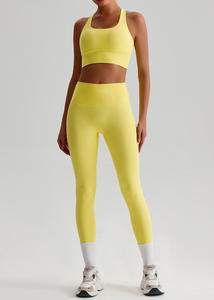 2 Piece Yoga Set Crisscross Back <b>Crop</b> <b>Top</b> High Waist Full Length Leggings Seamless Solid Color Spandex Polyester - Product Image 2