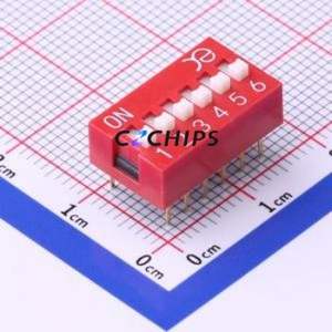 DSWB06LHGET DIP Switch Through hole Component (THT) Switch Flat Toggle, Raised Type Single Pole Single Throw 6 2.54mm - Product Image 1