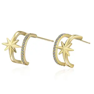 Полые серьги с-образной формы с двойными кольцами и звездами, металлическая текстура, модные геометрические серьги в уличном стиле для женщин