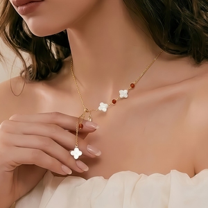 Collier Lariat Trèfle en Aquamarine Naturelle 2026, Forme en Y, Agate, Zircon, Plaqué <span class=keywords><strong>Or</strong></span> 18K, Acier Inoxydable CL26-149 - Product Image 1