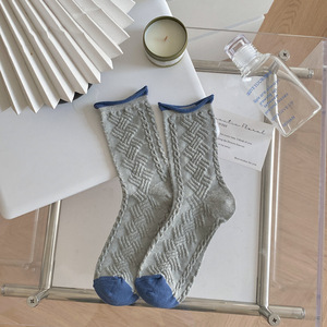 2025 mùa hè mùa thu màu xanh xám loạt mũi tên Cáp Chevron sóng sọc trái tim hoa nhiều lớp cuộn tròn vớ cotton - Product Image 3