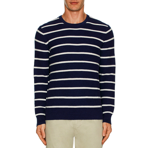 Pull en maille rayé bleu marine et blanc pour homme avec logo personnalisé - Col rond, manches longues, pull décontracté - Product Image 3