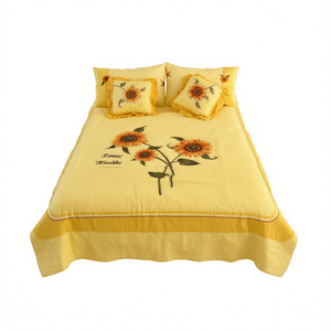 Trapunta Matrimoniale in Cotone Ricamato con Girasoli, Stile Classico, per Tutte le Stagioni - Product Image 1