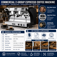 Machine à expresso professionnelle 2 groupes, double chaudière 5,25 L, 9 bars, semi-automatique, facile à nettoyer, certifiée CE