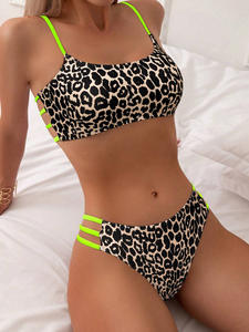 Nueva moda para mujer, traje de baño Sexy Sweet Beach Pool, Halter de alta elasticidad, almohadilla separada para el pecho, estampado de leopardo, conjunto de 2 piezas, estilo novedoso - Product Image 5