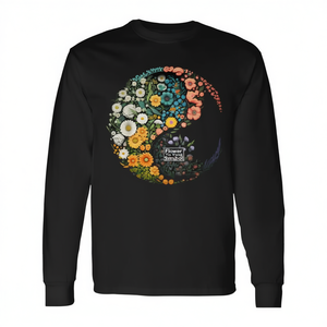 T-shirt a maniche lunghe con simbolo Yin Yang floreale, design Zen Taijitu, abbigliamento unisex - Product Image 2