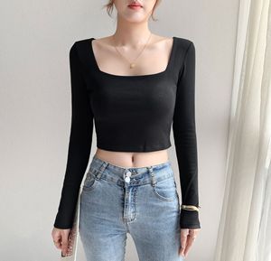 Haut court pour femme en maille respirante, coupe ajustée, col rond, manches longues, 95% coton 5% élasthanne, style streetwear uni - Product Image 2