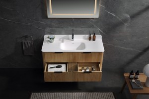 Lemari kamar mandi kayu solid bergaya minimalis modern dengan laci, wastafel, dan meja rias terintegrasi - Product Image 3