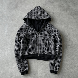OEM Custom Streetwear Heavyweight Oversized Boxy Vintage Washed <strong>Reversible</strong> Plaid <strong>Zip</strong> up Waffle Knit Long Sleeve Hoodies for Men - Product Image 4