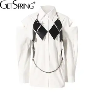 Get primavera camisa feminina de manga longa, vazada, de algodão, branca, casual, solta, roupas femininas, primavera 2022