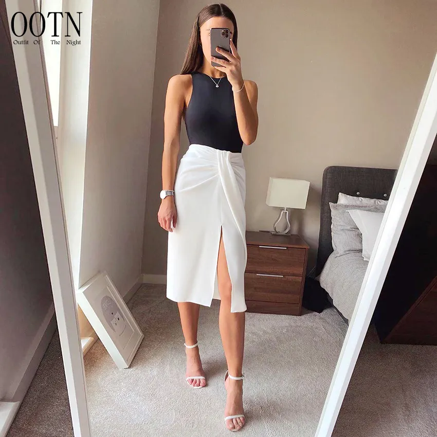 OOTN Casual Sexy Split Frauen Lange Rock Urlaub Strand Damen Weiß Geraffte Hohe Taille Rock Asymmetrische Spitze Up Sommer Rock