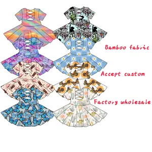 Organic Bamboo Kids Dresses Wholesale Girl Short Sleeve Dress Customize Print Children Dance Dress Princess Clothes