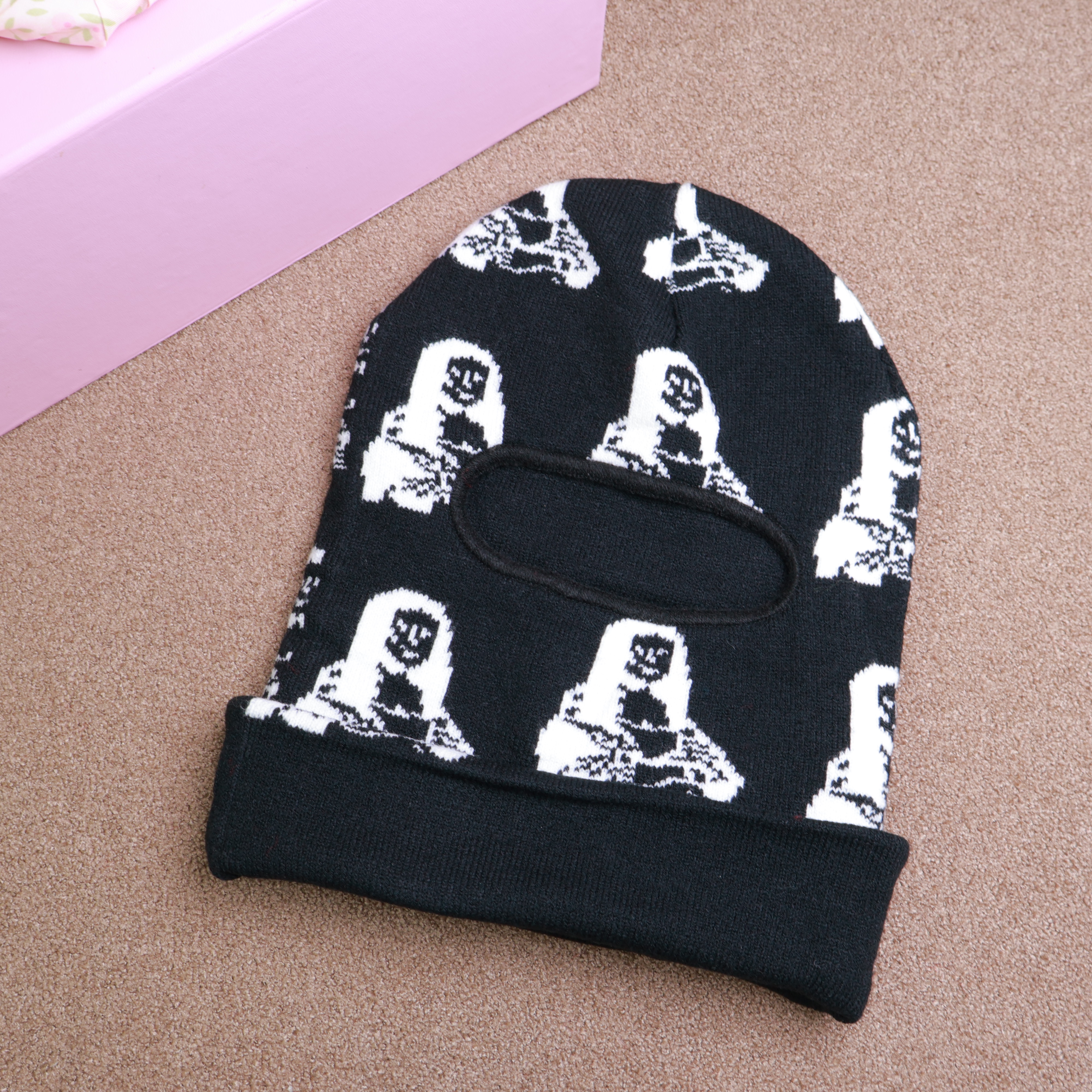 4-panel jacquard cuffed balaclava knitted hat