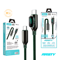 Ansty S-027 1 Meter Kabel Pengisian Cepat 100W C-C Tampilan Digital Kabel Data Kecepatan Tinggi Pelindung Anyaman Nilon Konduktor Tembaga Murni untuk