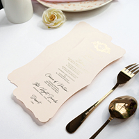 Tarjetas de menú de boda con estampado de oro personalizado de forma única 2025 con logotipo personalizado y texto para decoración de mesa de boda