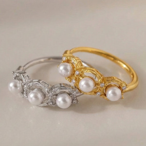 Luxury 5A Grade Zircon Shell Pearl Opening <b>Adjustable</b> <b>Ring</b> Anti Tarnish 18K Gold Stainless Steel Ladies Daily Finger Ornament - Product Image 4