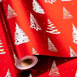 Red Christmas Wrapping Paper 17 In X 32.8 Ft Tree Design Single Side Coated Gift <b>Wrap</b> For Holiday Crafting Recyclable - Product Image 1