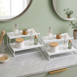 Estante de Almacenamiento Metálico de Dos Niveles, Rectangular, Minimalista, Organizador de Baño Apilable, Superficie Blanca - Product Image 6