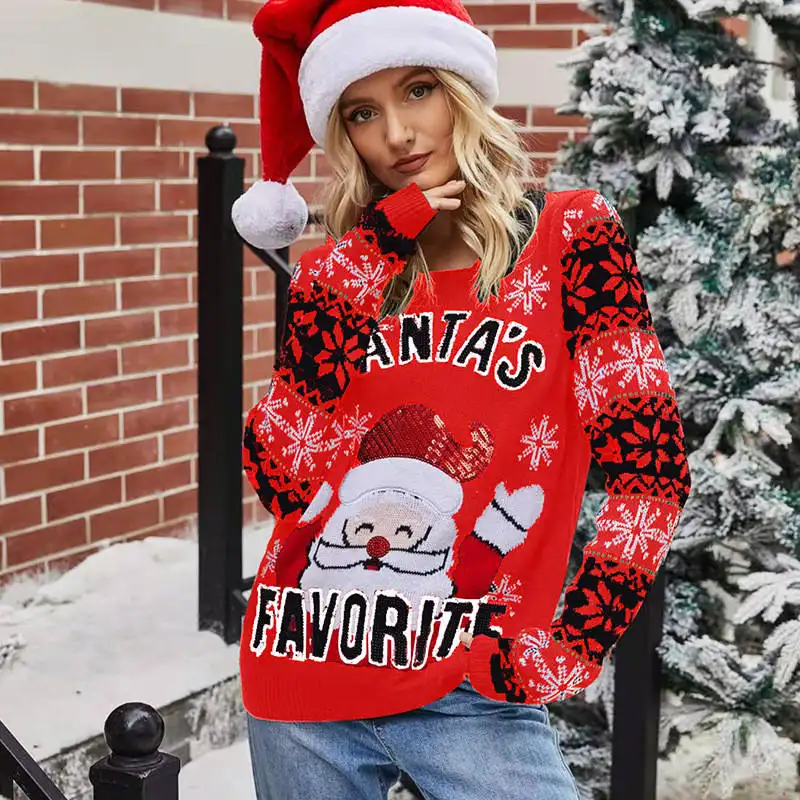 レインボースプレー卸売女性のサンタクロースニットヨーロッパ系アメリカ人のプルオーバークリスマスブームセーター