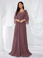 Robe de soirée formelle en mousseline de soie à col carré et manches longues pour femme, avec plis à la taille et fermeture éclair