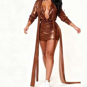 Women's Solid Color Ribbed Low-Cut Sexy Top With Bodycon Skirt and Sash Design Casual 2-Piece <b>Set</b> Fashion - Product Image 1